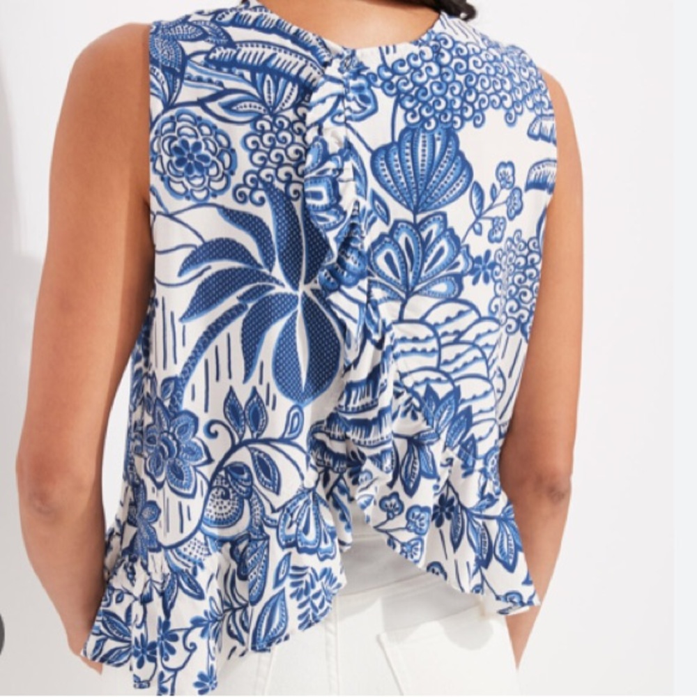 NWT Tuckernuck x Vineyard Vines collab blue & white block print ruffle tank L - Picture 2 of 12